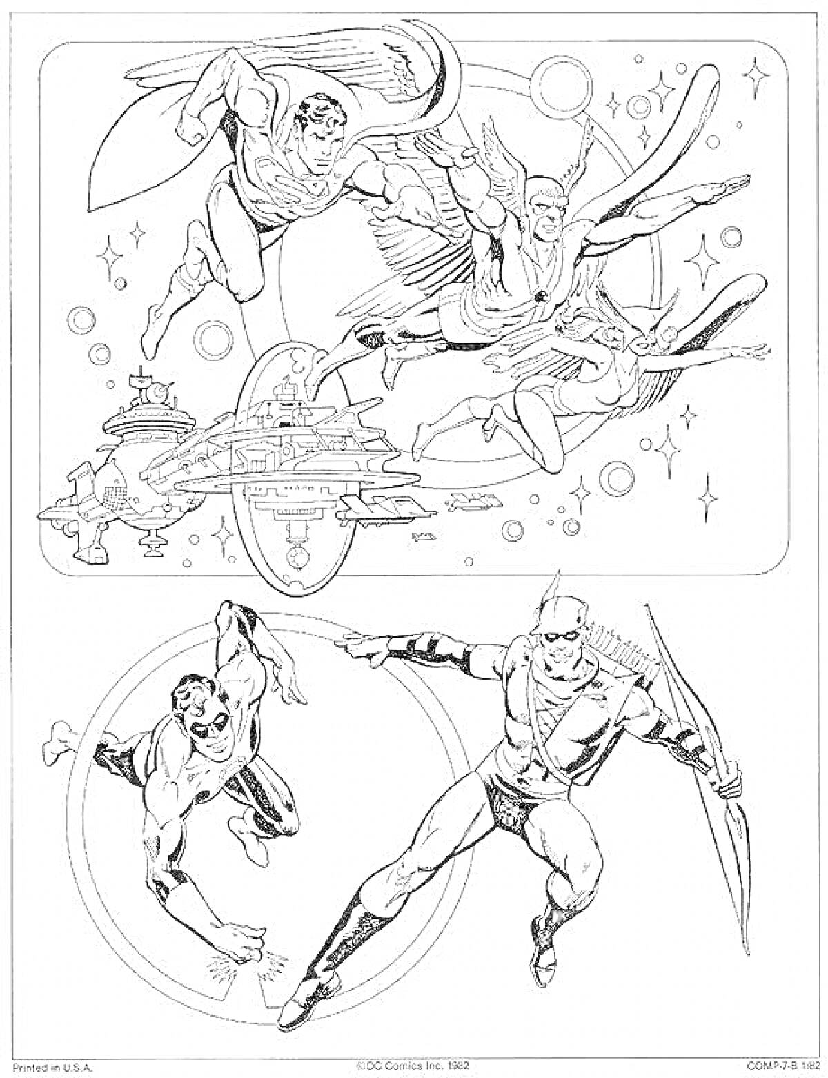 На раскраске изображено: Комиксы, Супергерои, Полет, Космос, Звезды, Сражение, Фантазия, Приключения