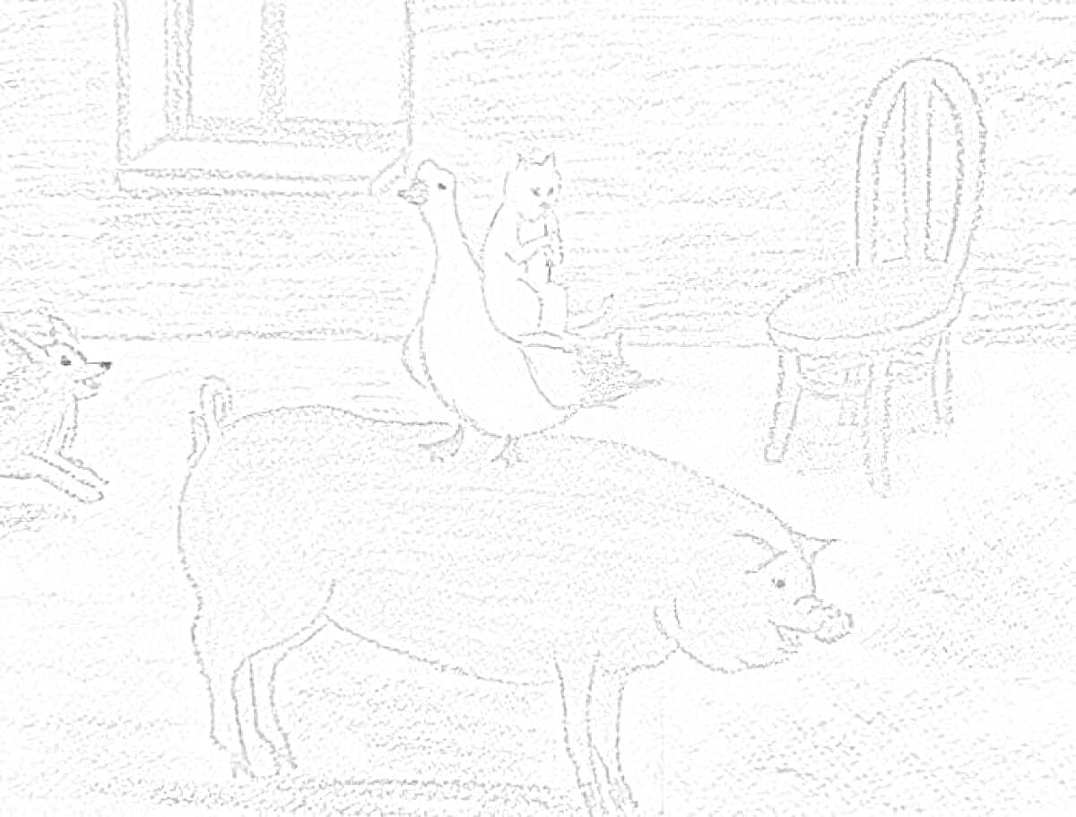 На раскраске изображено: Собака, Стул, Комната, Окна, Животные, Гуси, Кот, Свиньи
