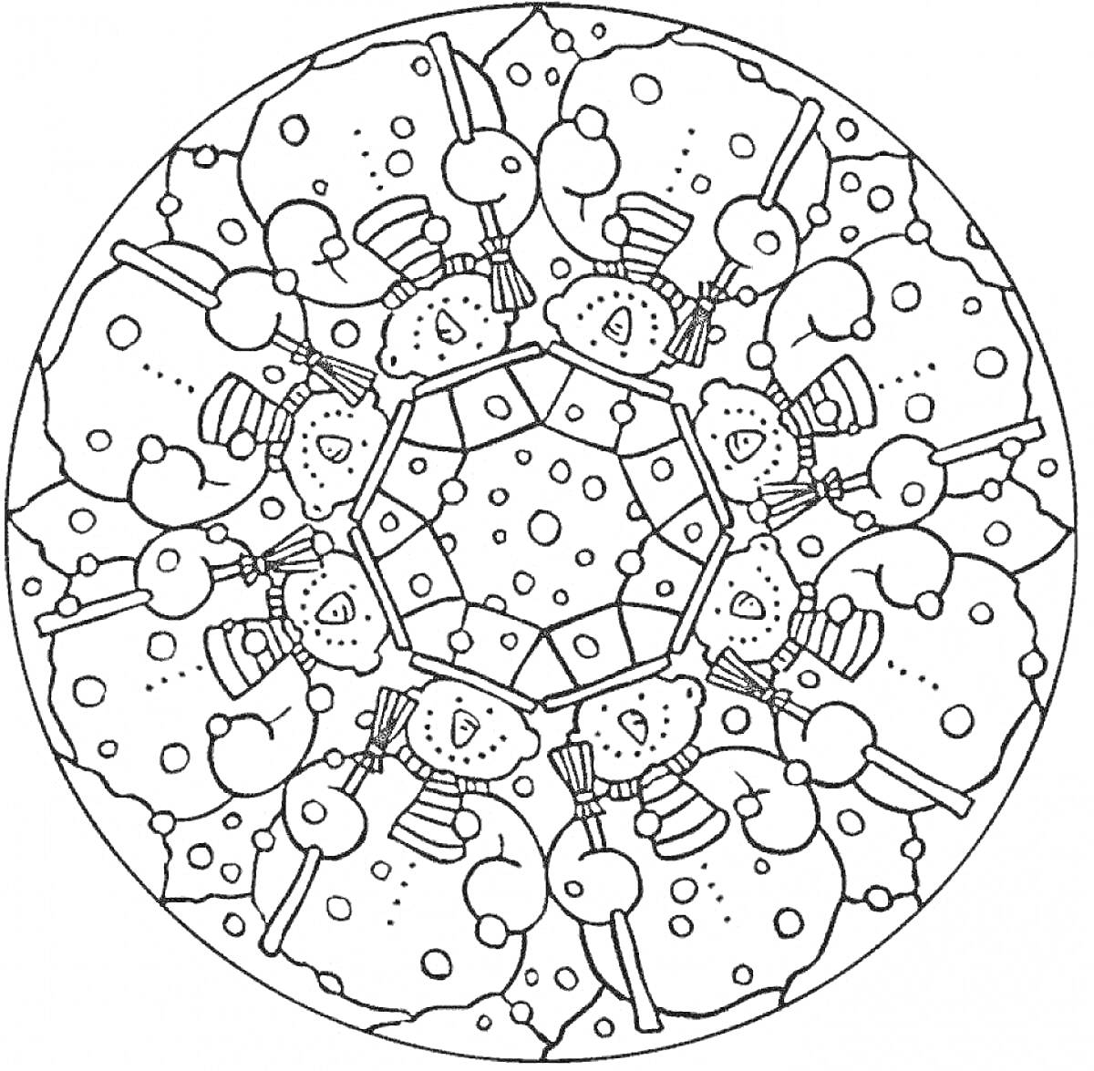 Раскраска Мандала с новогодними снеговиками, украшенная снежинками и шарами