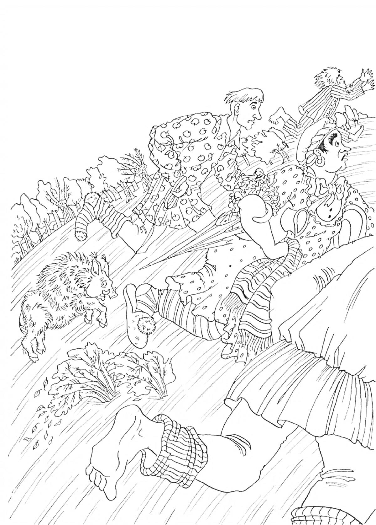 На раскраске изображено: Храбрый портняжка, Дикий кабан, Деревья, Великан, Битва, Побег