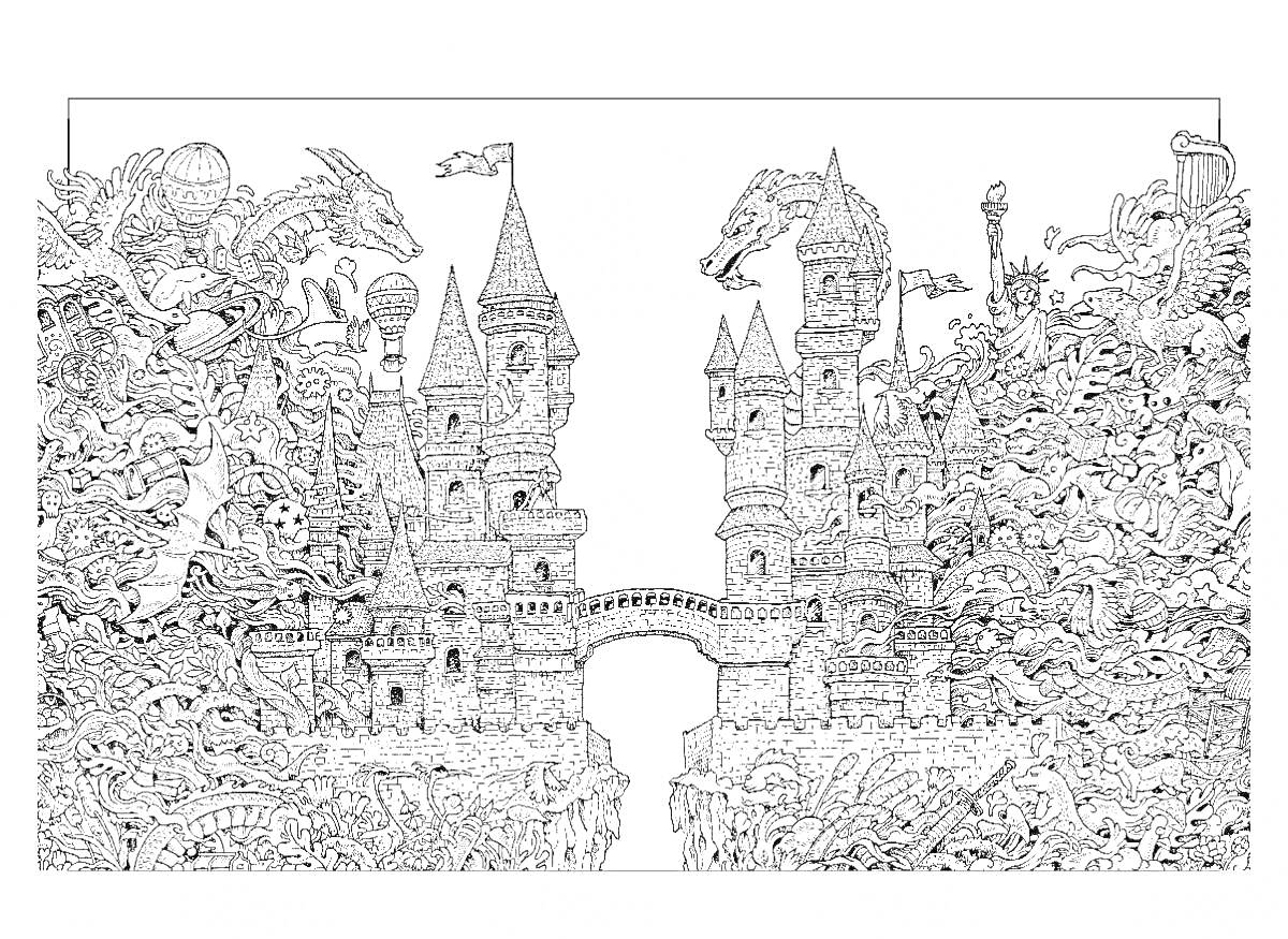 На раскраске изображено: Замок, Башни, Мост, Фантазия, Антистресс, Волшебство, Природа, Деревья, Животные