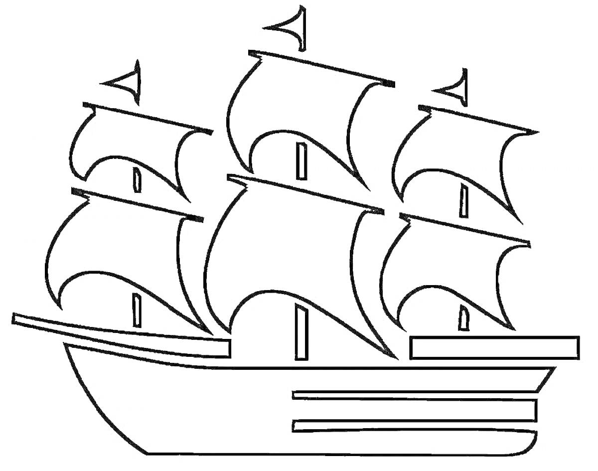Раскраска Корабль с тремя мачтами и четырьмя парусами, с флагами на каждой мачте.