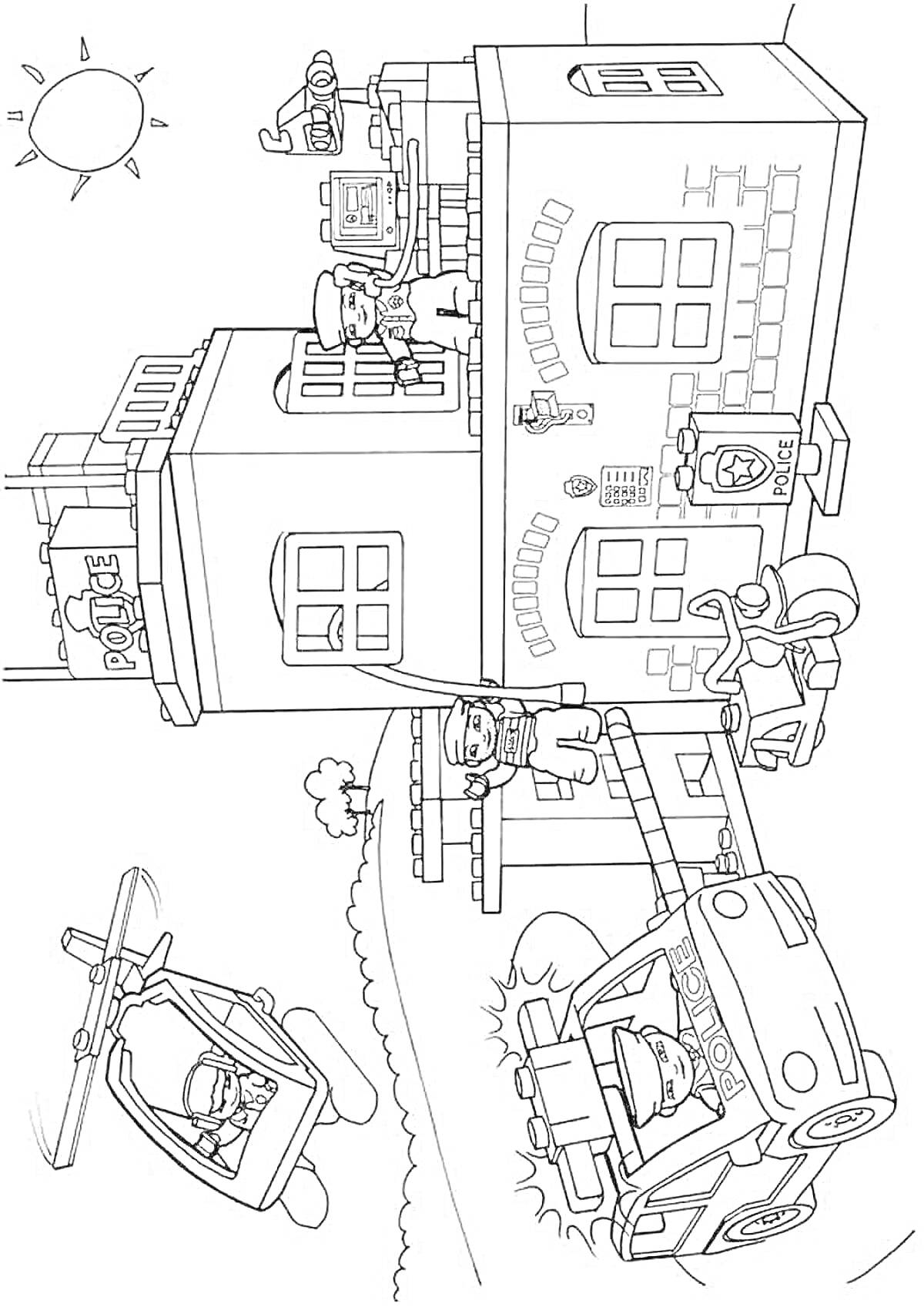 Раскраска Полицейский участок лего с автомобилем, мотоциклом и вертолетом