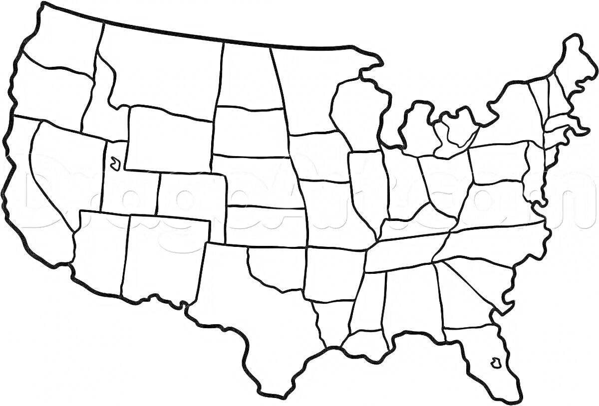 На раскраске изображено: Карта, США, Штаты, Границы, География, Америка