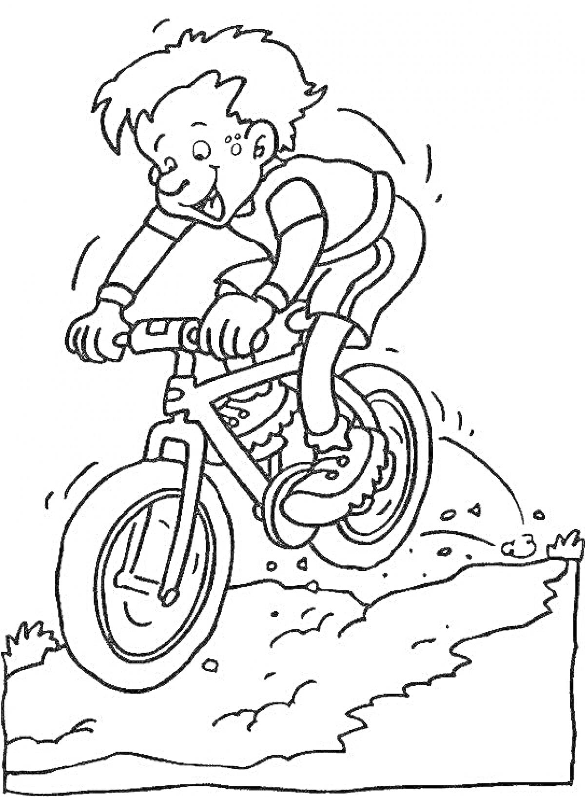 На раскраске изображено: Мальчик, Велосипед, Езда, Природа, Велосипедист, Активный отдых, Ребенок, Спорт