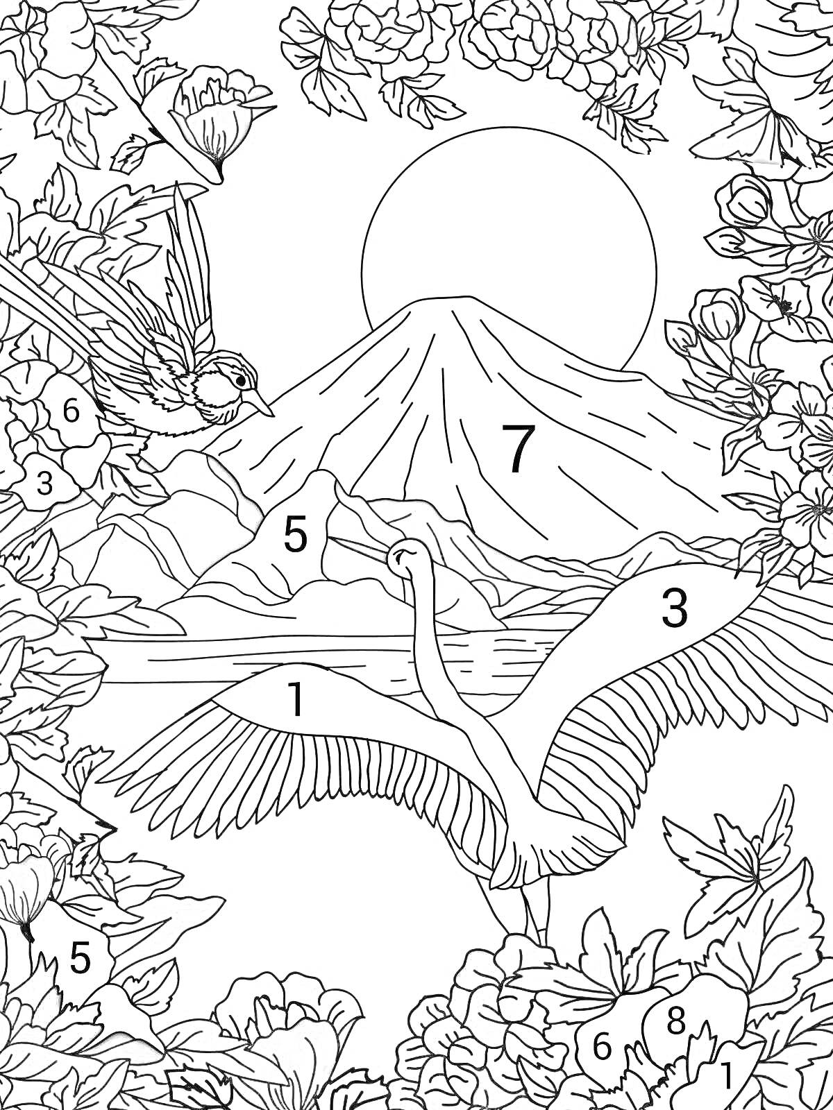 Раскраска Лебедь и птица на фоне горы и цветущего луга