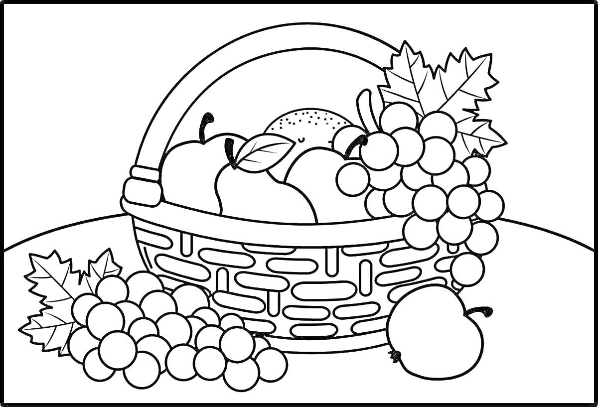 Раскраска Корзина с яблоками, виноградом и апельсином