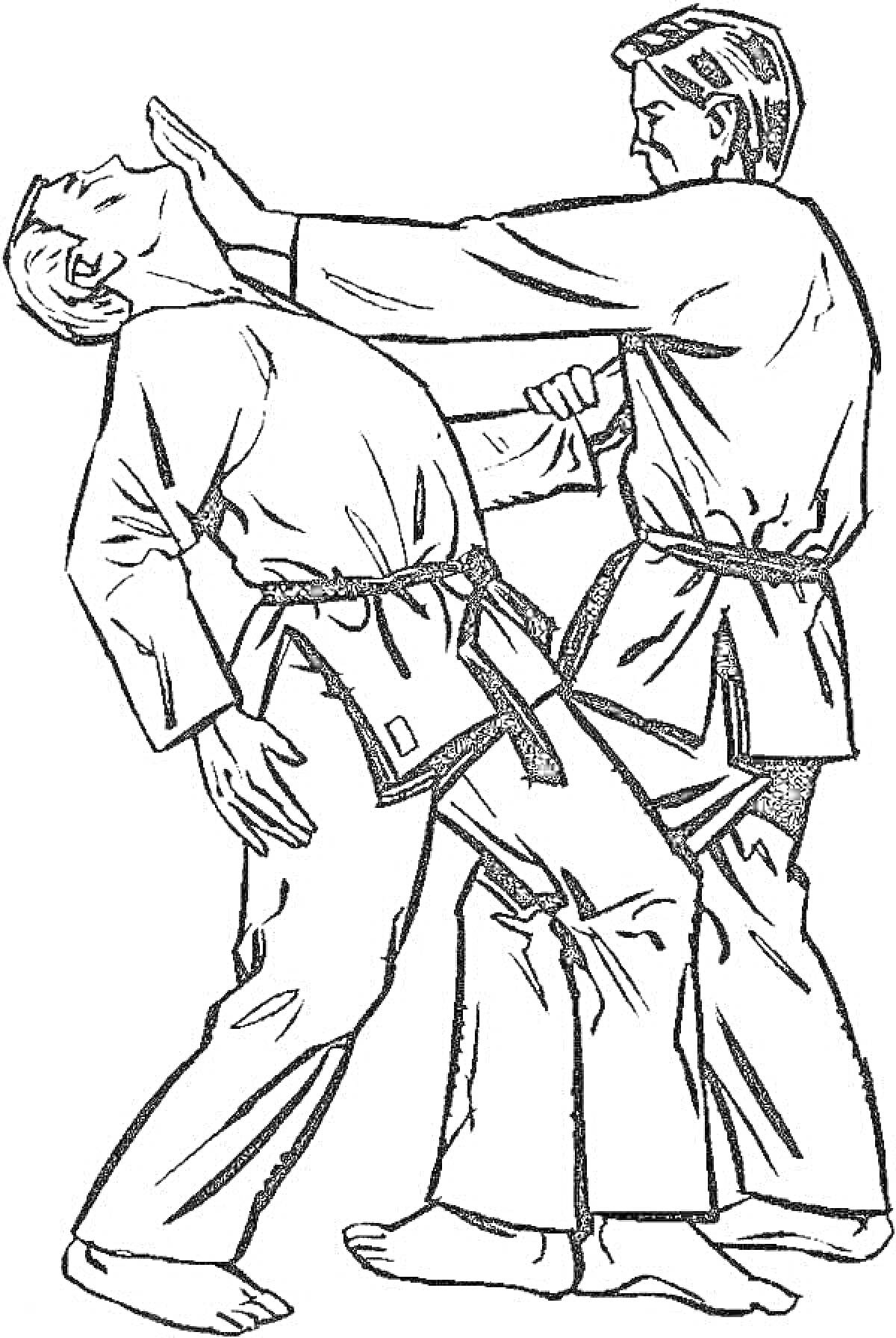 Раскраска Два человека в доги выполняют захват и удар в айкидо