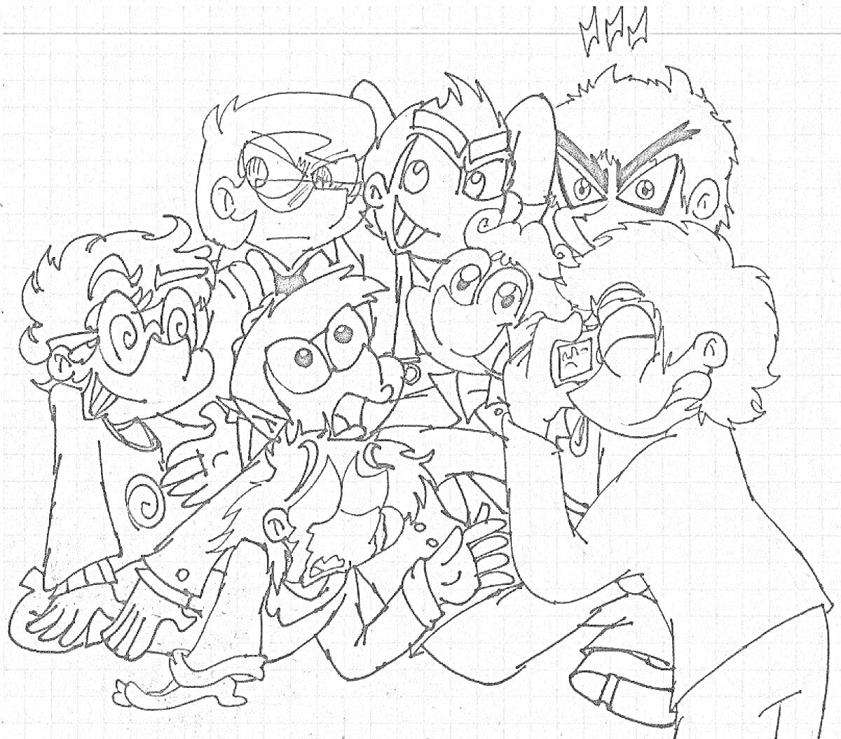 Раскраска Карикатура на тему вару, группа персонажей с разными гримасами и эмоциями