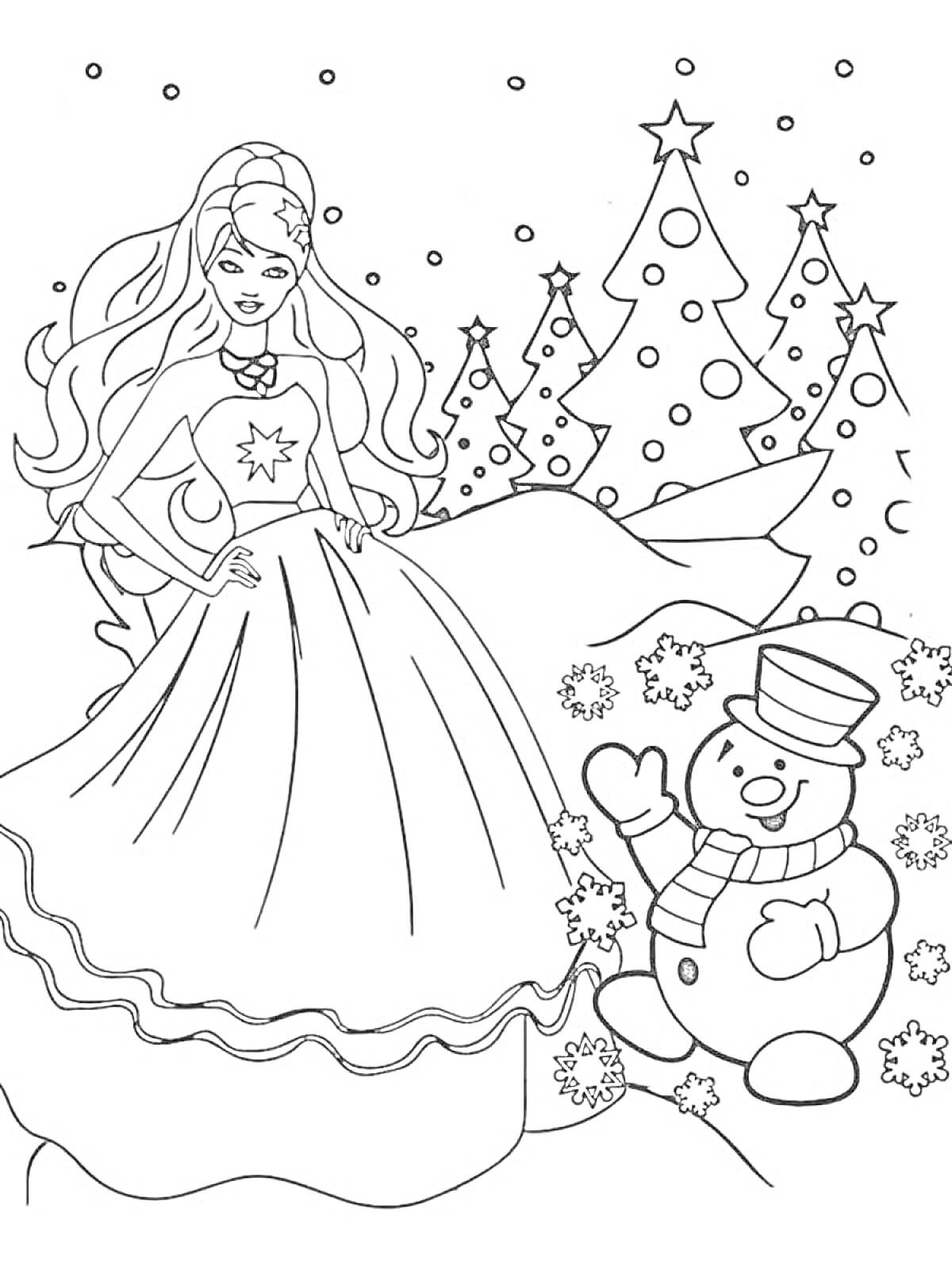 Раскраска Барби в праздничном платье с новогодними ёлками и снеговиком