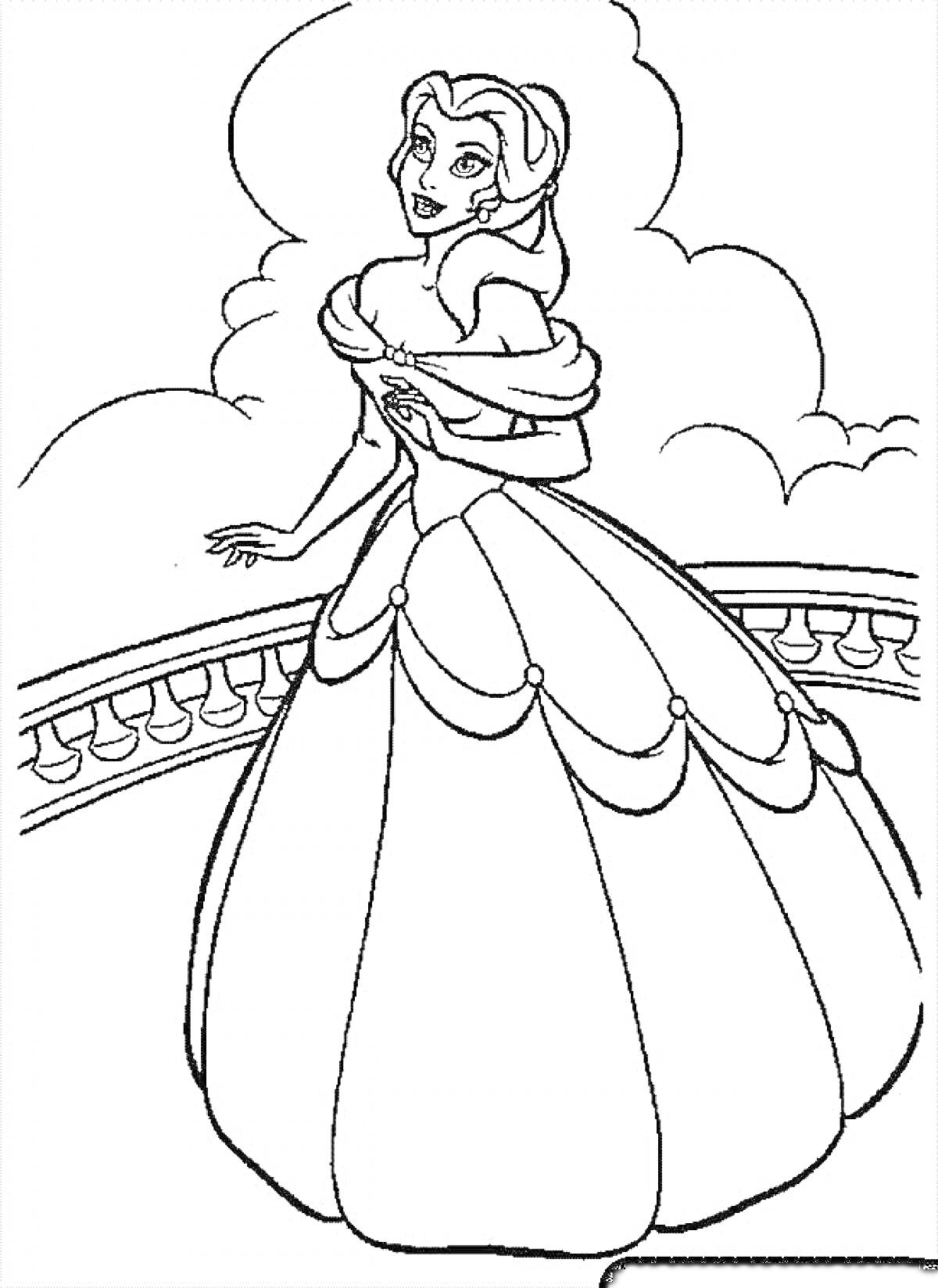На раскраске изображено: Принцесса, Дисней, Балкон, Облака, Платье, Накидка