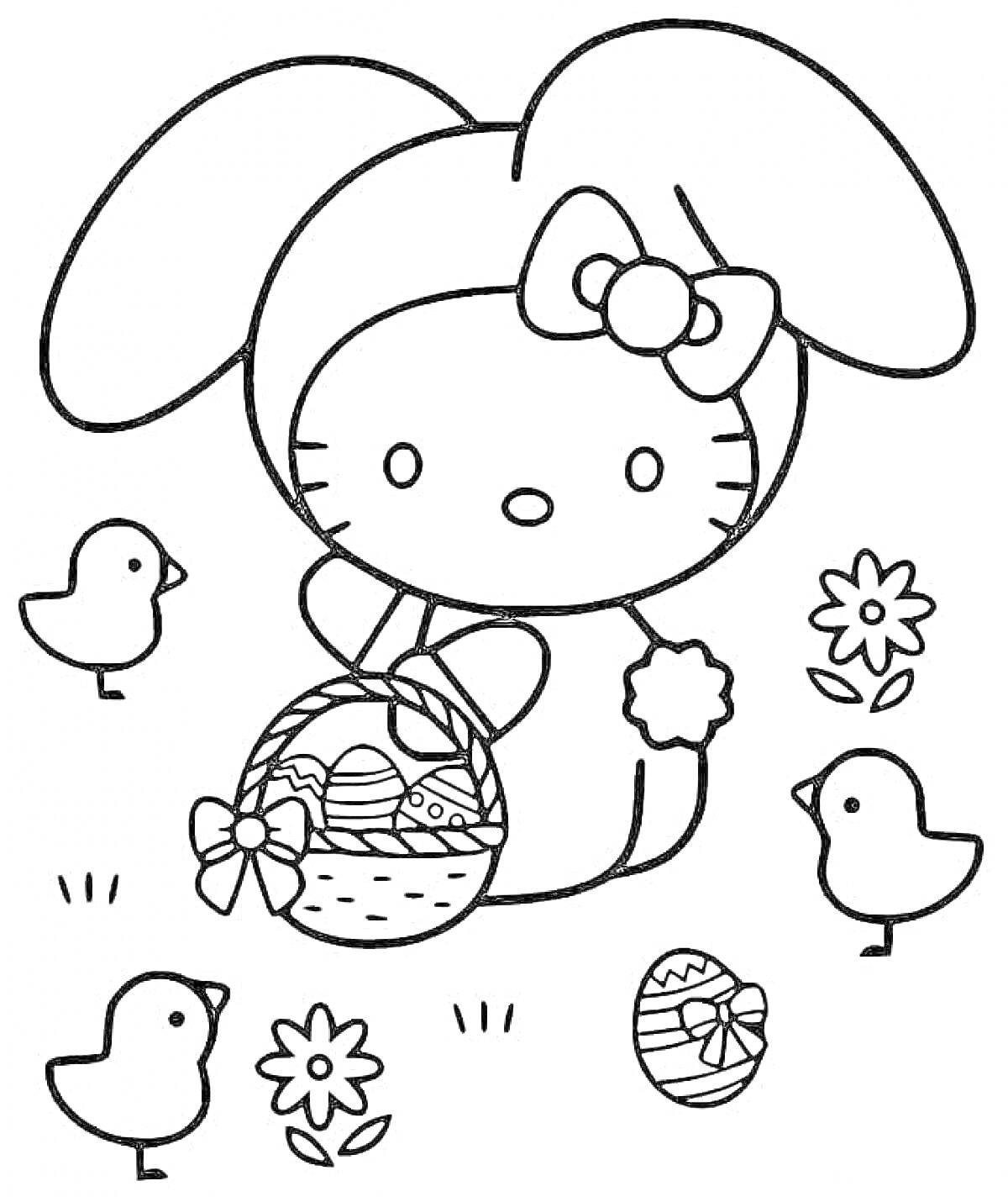 На раскраске изображено: Зайка ми, Пасхальные яйца, Корзина, Цветы, Пасха