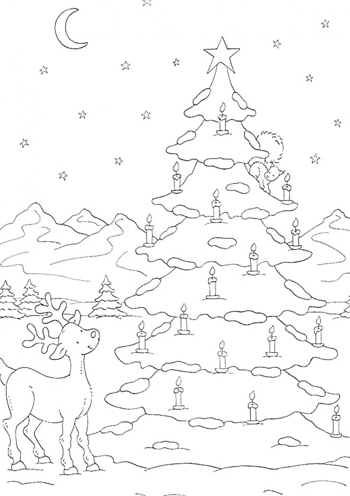 На раскраске изображено: Олень, Свечи, Лиса, Ночь, Звезды, Месяц, Горы, Лес, Снег, Новогодняя быль