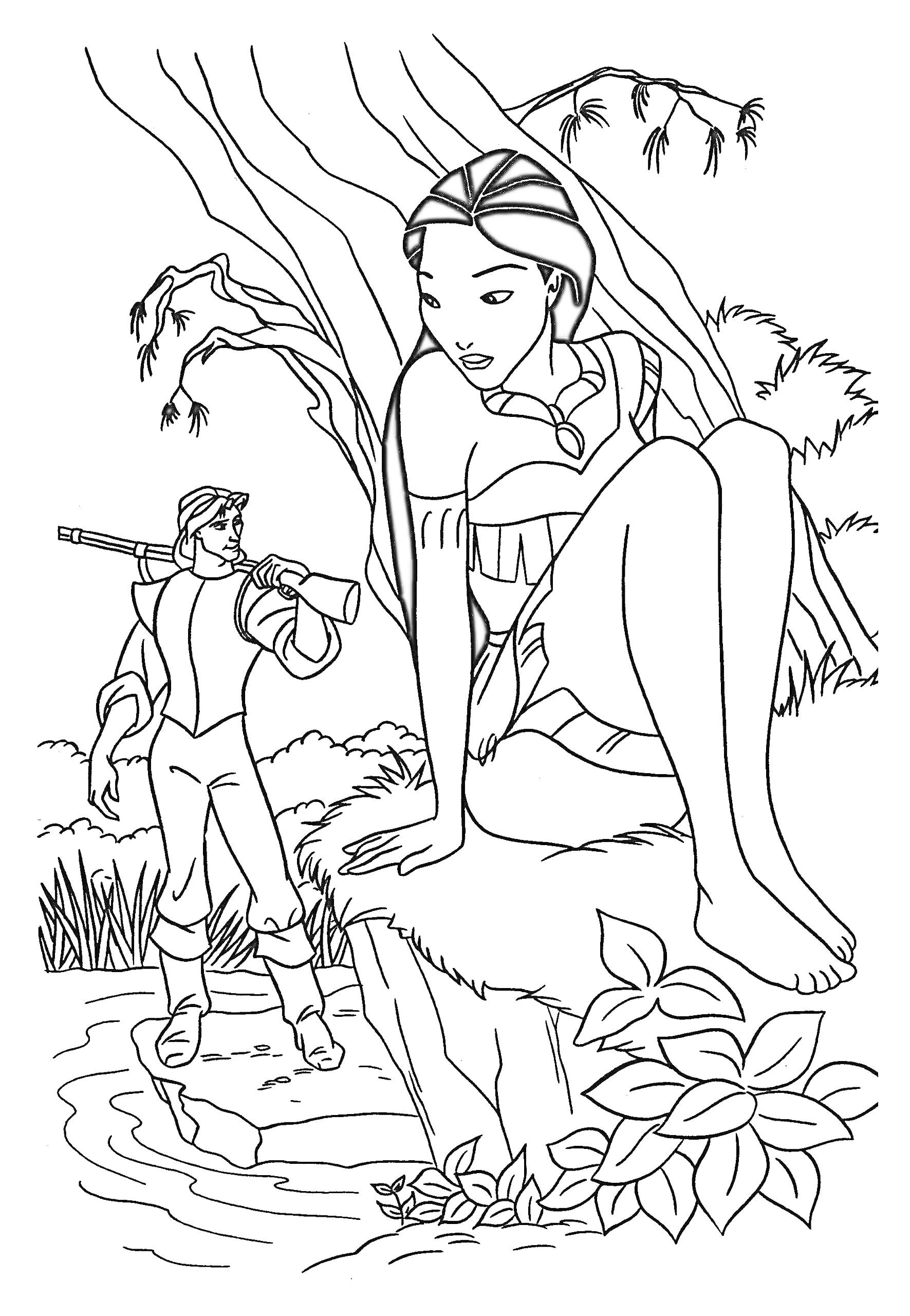 Раскраска Покахонтас и мужчина с ружьём у реки