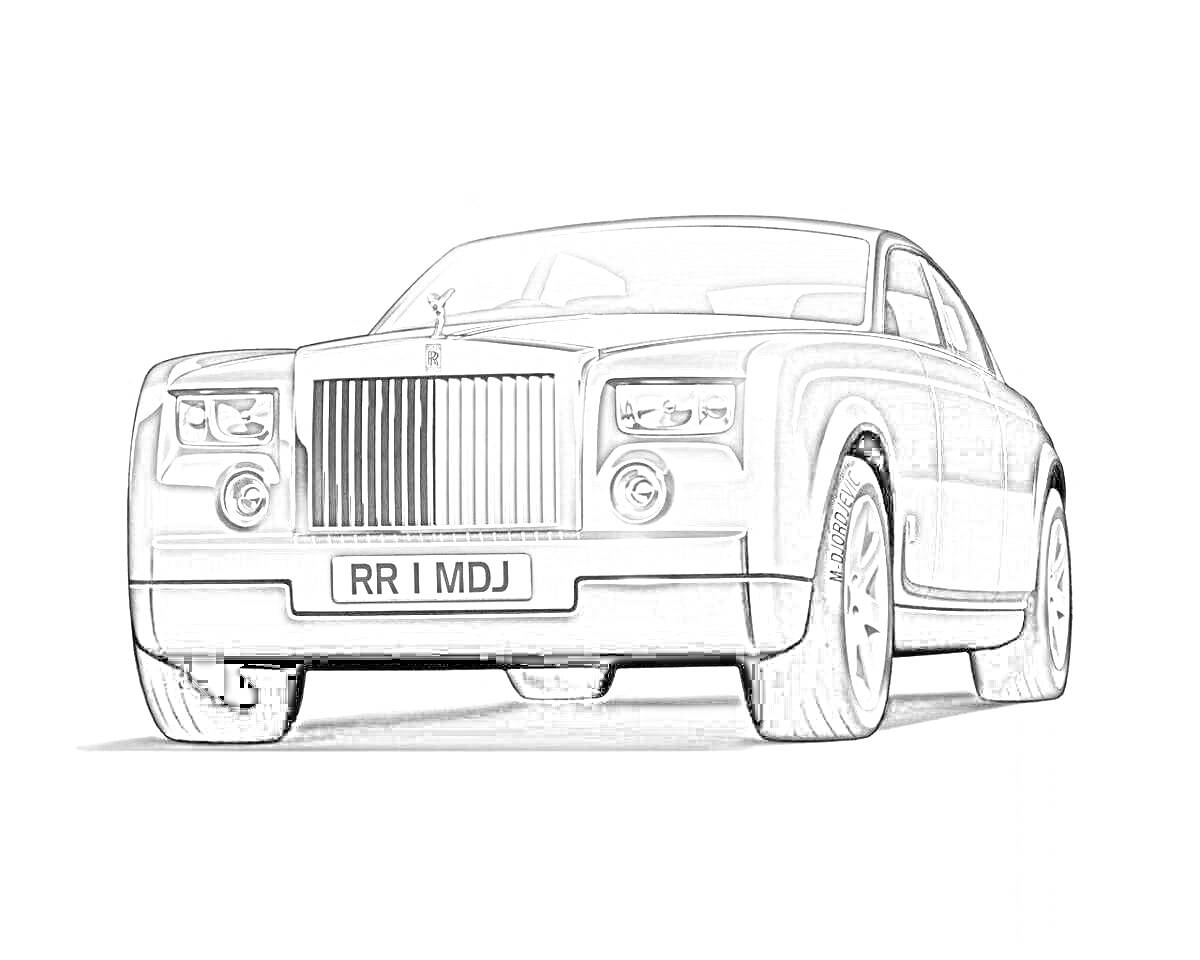 Раскраска Раскраска автомобиля Rolls-Royce Phantom с номерным знаком RR 1 MDJ, вид спереди