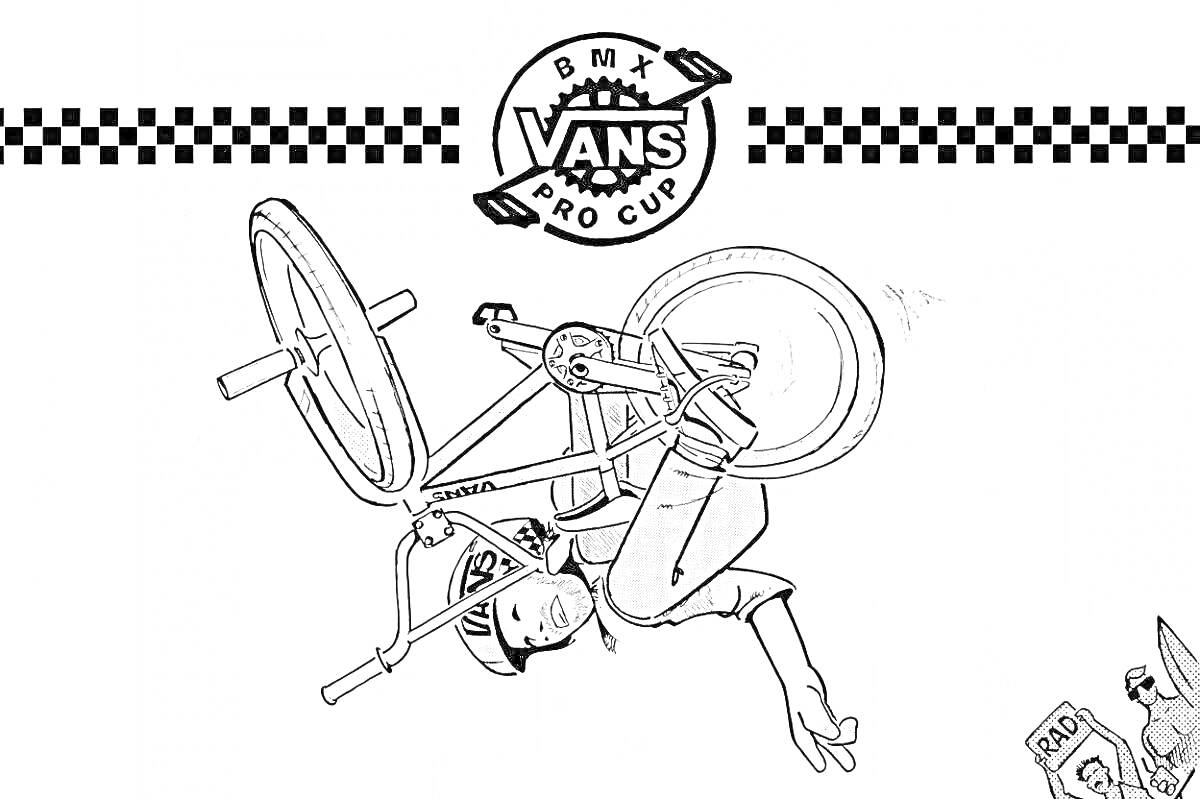 Раскраска ВМХ трюк вверх ногами с логотипом Vans Pro Cup и полосатым узором