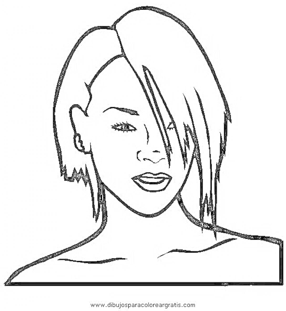 На раскраске изображено: Женский портрет, Короткая стрижка, Лицо, Модель, Волосы