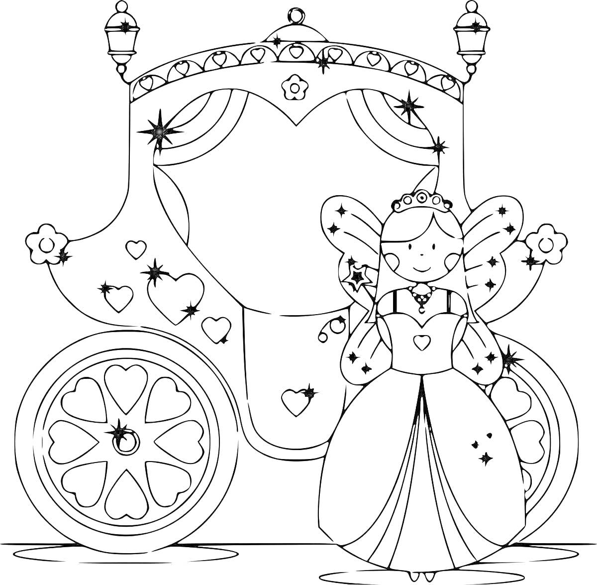 Раскраска Карета Золушки с волшебницей-феей перед ней