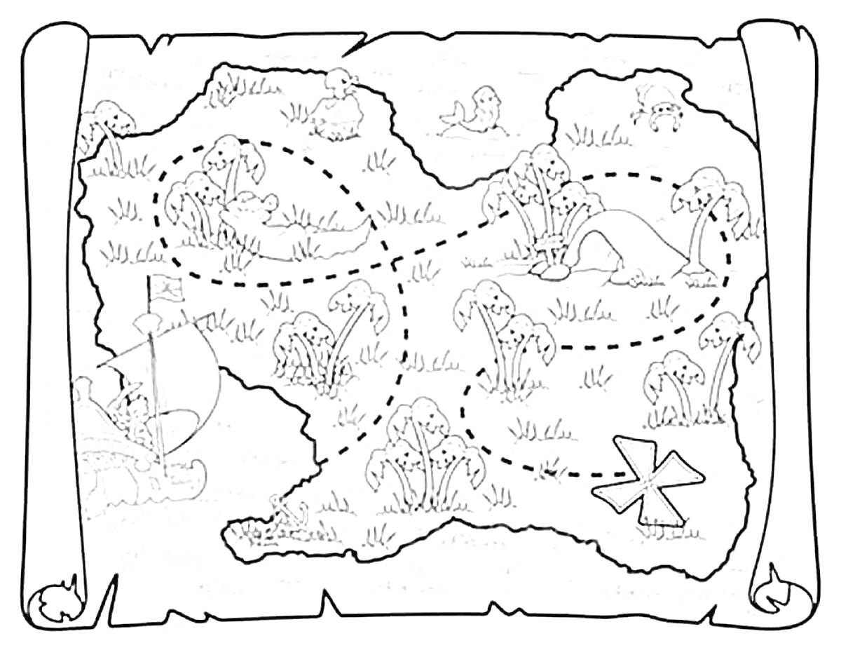 Раскраска Карта Сокровищ с кораблем, холмами, сундучками в лесу и крестом обозначающим место нахождения сокровищ.