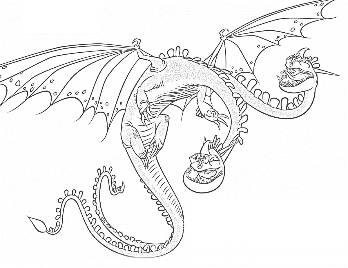 Раскраска Двухголовый дракон с раскрытыми крыльями