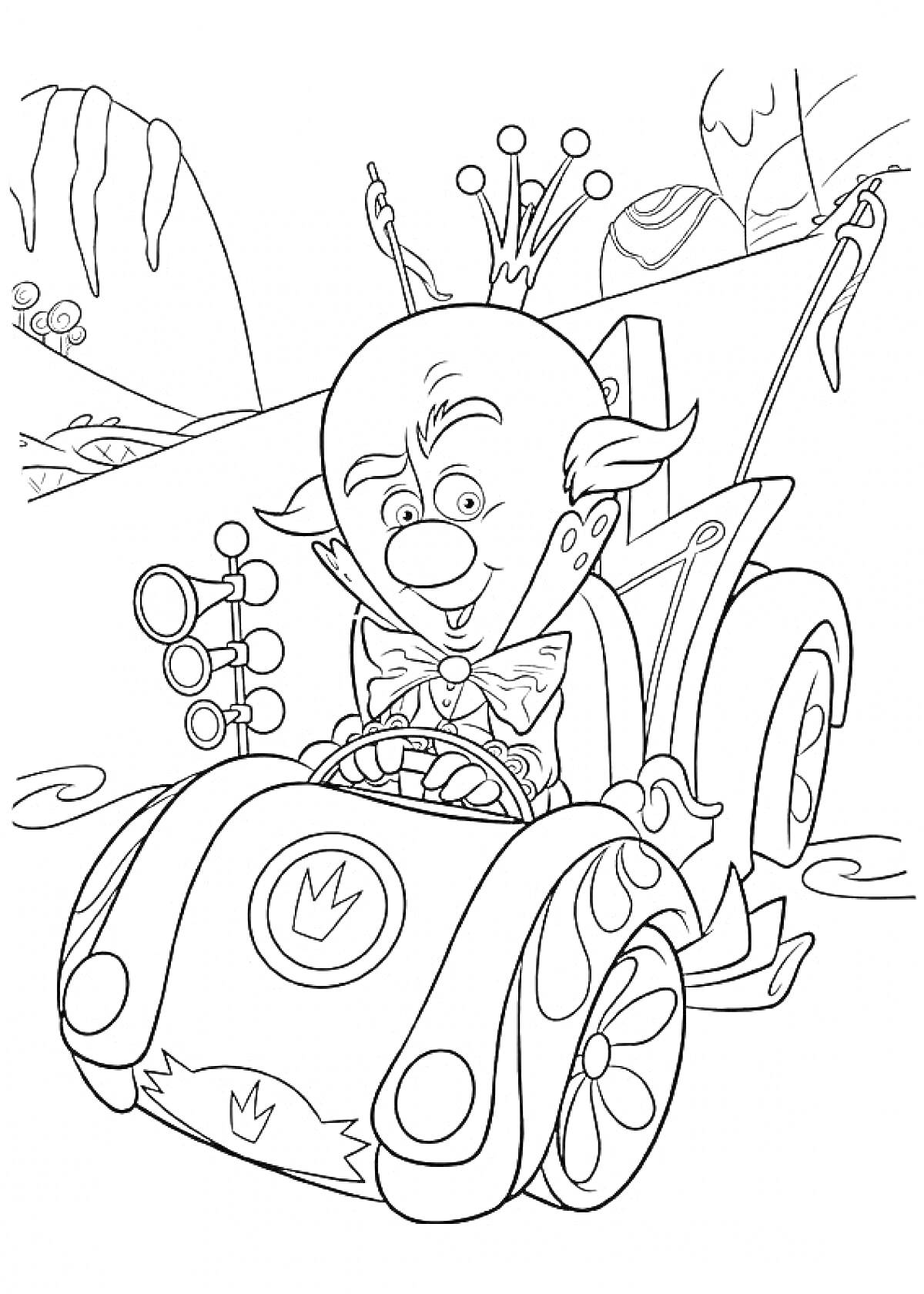 Раскраска Клоун в короне едет на автомобиле с эмблемой короны