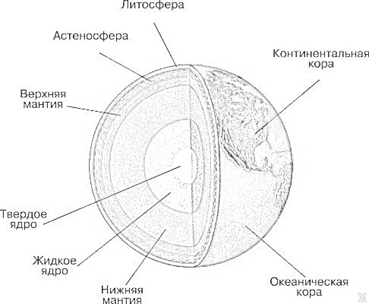 Раскраска Литосфера, Астеносфера, Верхняя мантия, Нижняя мантия, Жидкое ядро, Твердое ядро, Континентальная кора, Океаническая кора