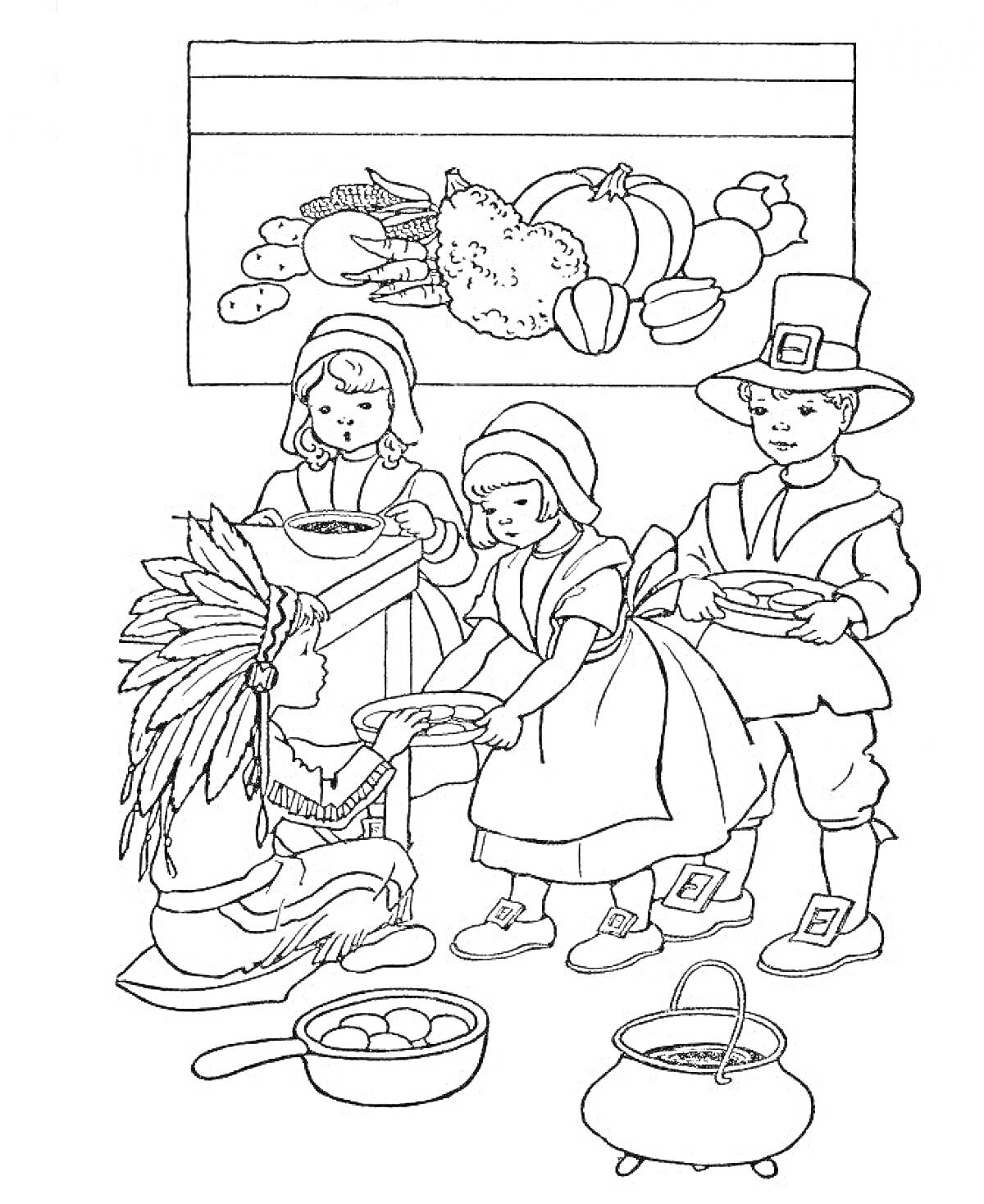 На раскраске изображено: Ярмарка, Тыква, Фрукты, Овощи