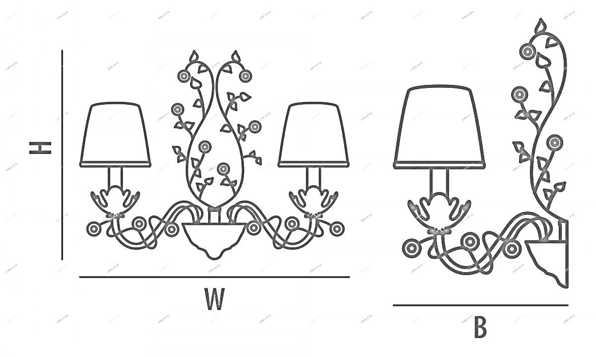Раскраска Двухрожковая настенная люстра с декоративными элементами в виде листьев и цветков, с абажурами