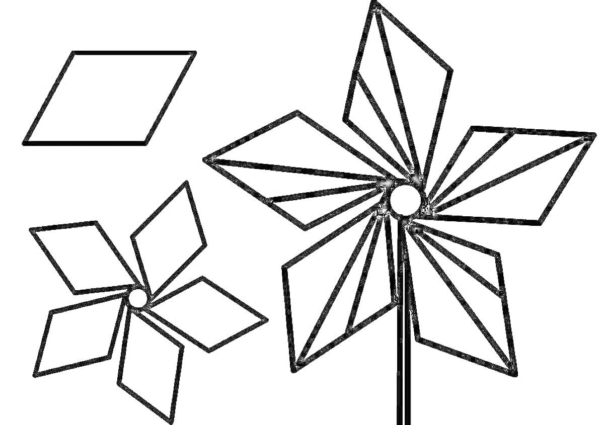 Раскраска ромб, цветок из ромбов, цветок на стебле из ромбов