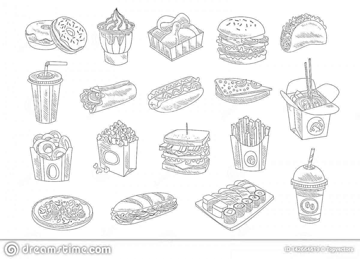 На раскраске изображено: Еда, Мороженое, Гамбургер, Сэндвич, Газировка, Роллы, Тако, Пицца, Лапша, Крендель, Суши, Коктейль, Хот-дог
