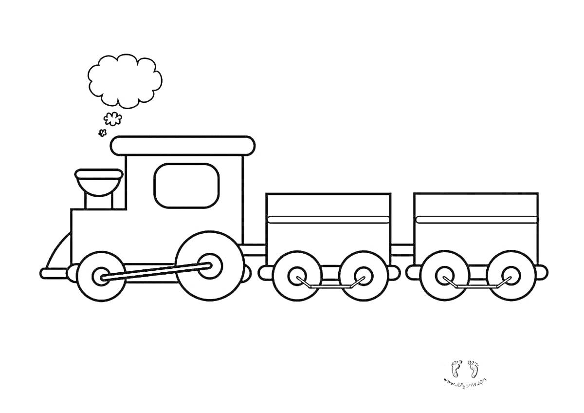 На раскраске изображено: Поезд, Паровоз, Вагоны, Для детей