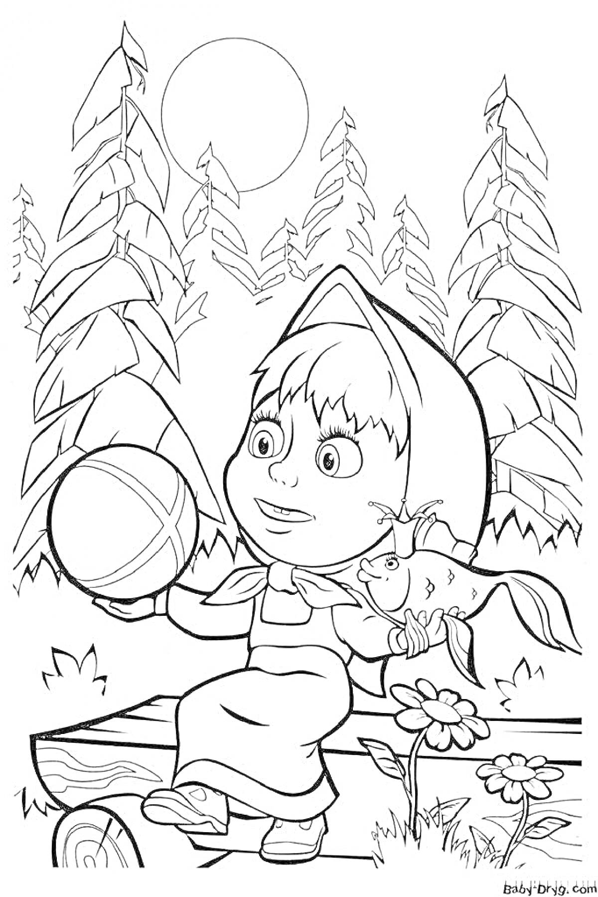 Раскраска Девочка с мячом и золотой рыбкой в лесу -
