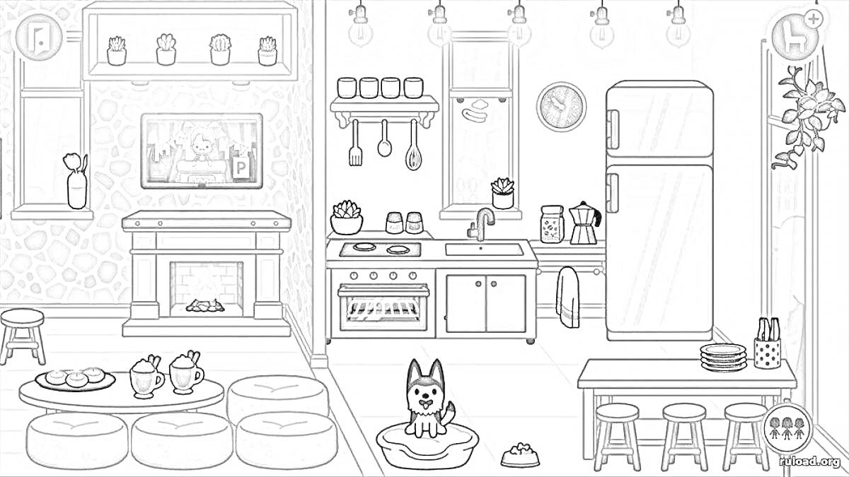 Кухня и гостиная с камином, обеденным столом, холодильником и собакой на подстилке