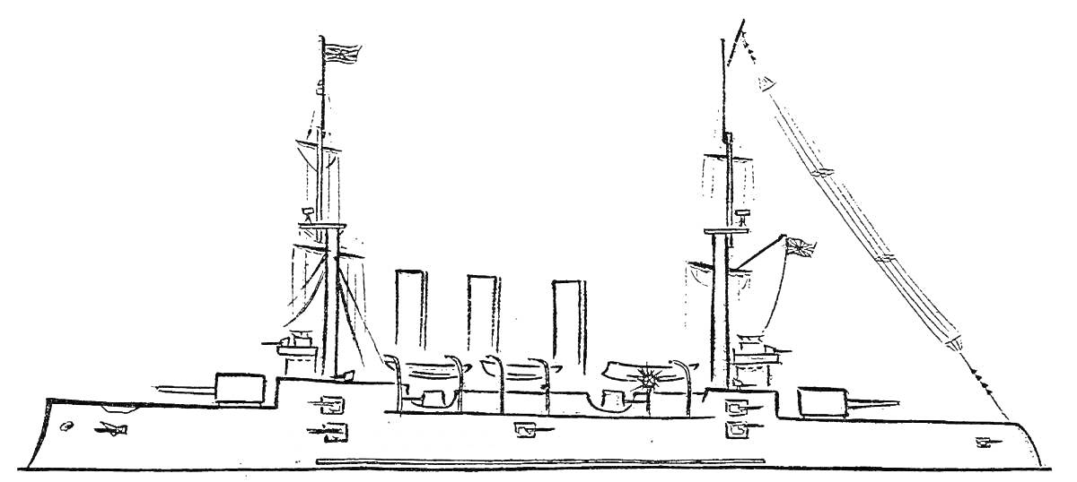 На раскраске изображено: Крейсер, Аврора, Корабль, Антенны, Морской транспорт