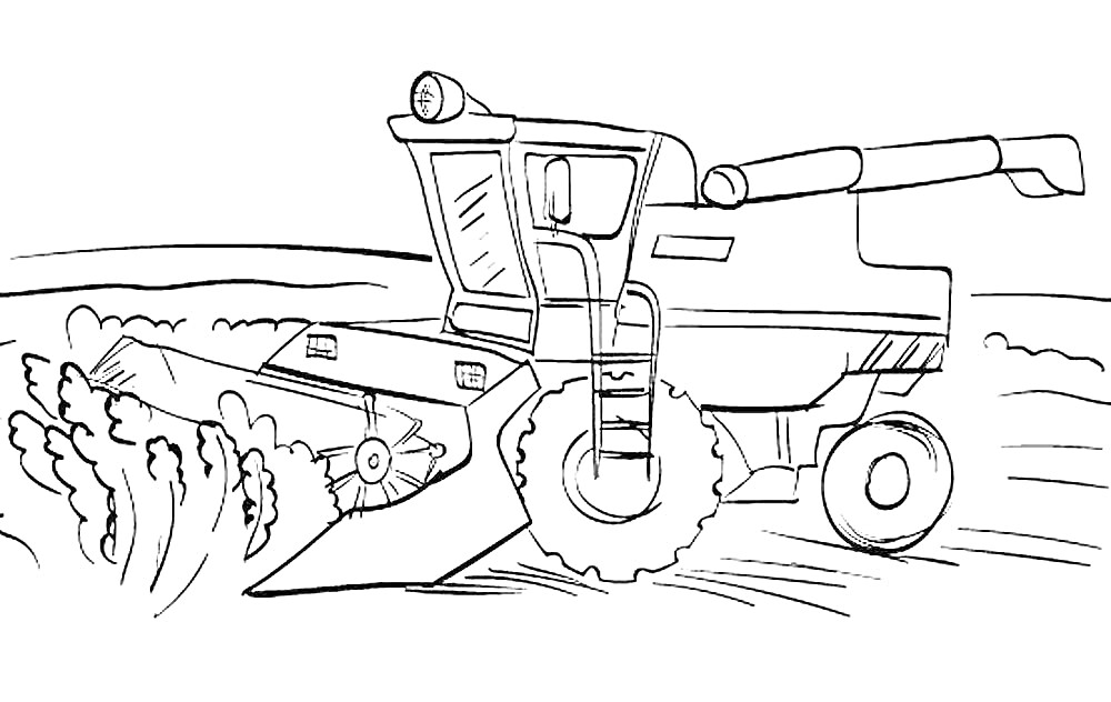 Раскраска Комбайн в поле, собирающий урожай. Изображены детали машины и растения.