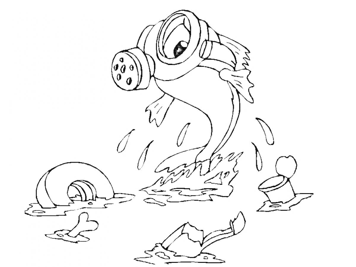 Рыба с противогазом в загрязненной воде с мусором (шина, окурок, банка, кость, бутылка)