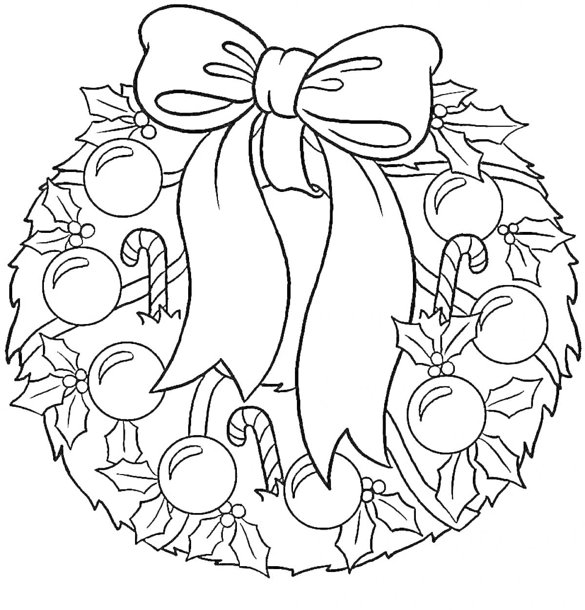 Раскраска Рождественский венок с бантами, шарами, конфетными тросточками и листьями остролиста.