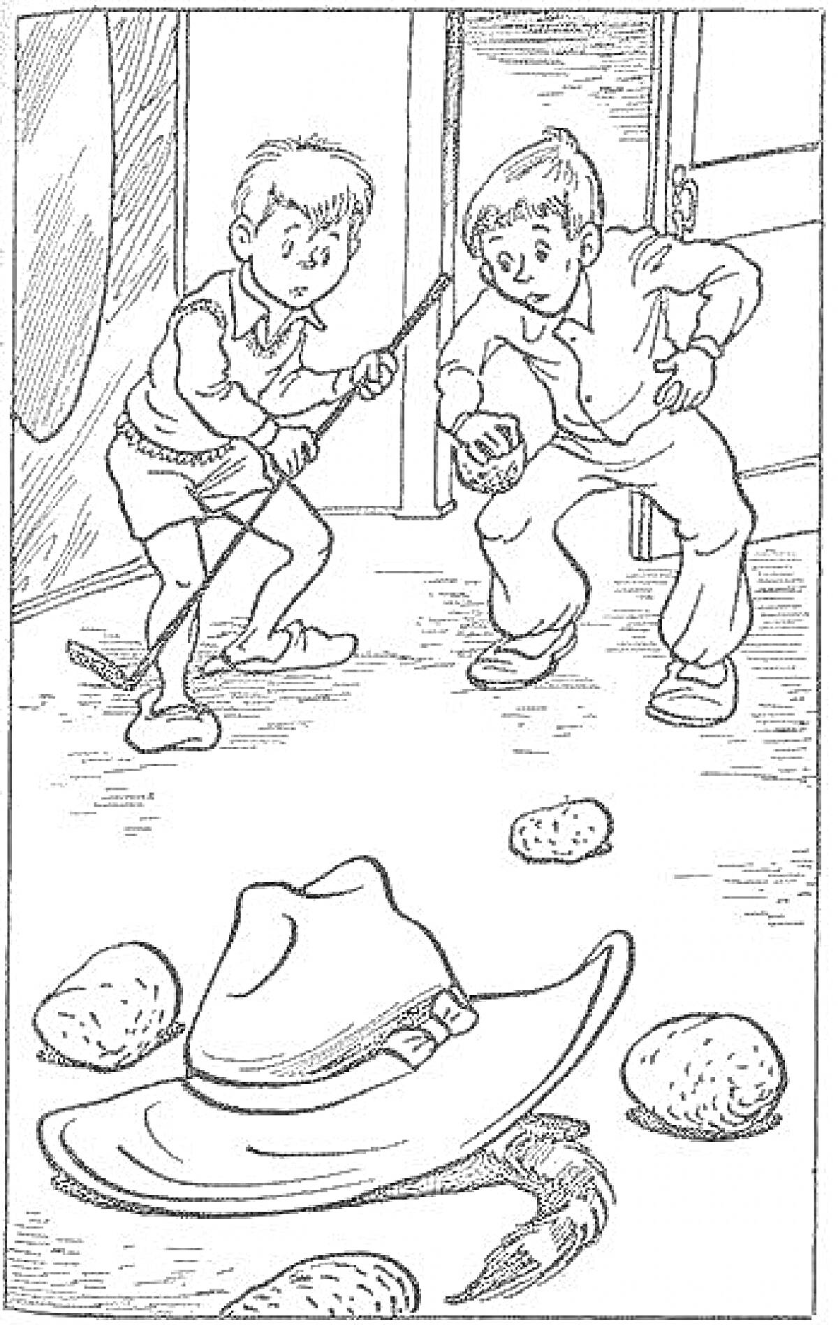 Раскраска Двое детей с палкой и шляпой с торчащим хвостом и камнями на полу