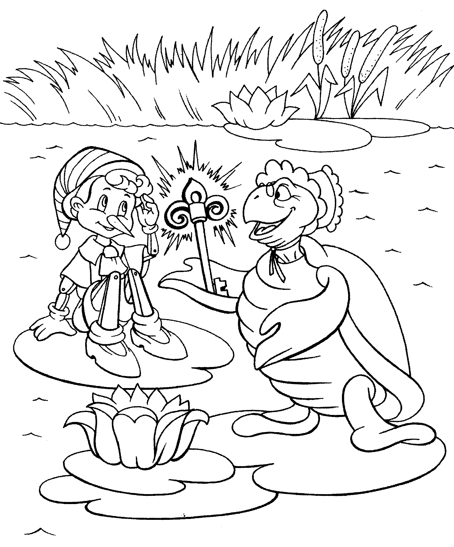 Раскраска Буратино и черепаха Тортилла в пруду с кувшинками и волшебным ключиком