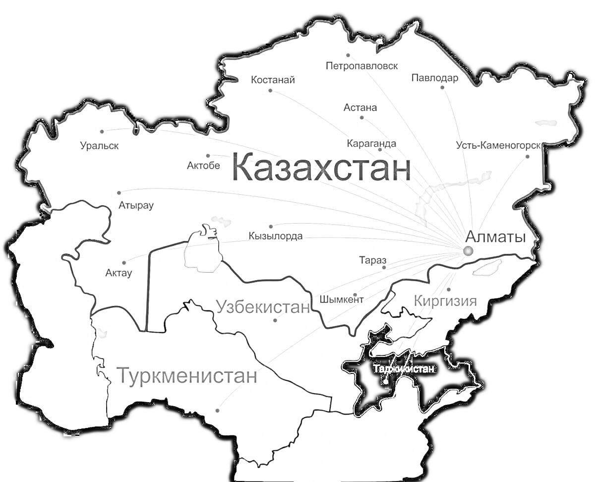 Раскраска карта Казахстана с приграничными странами и городами