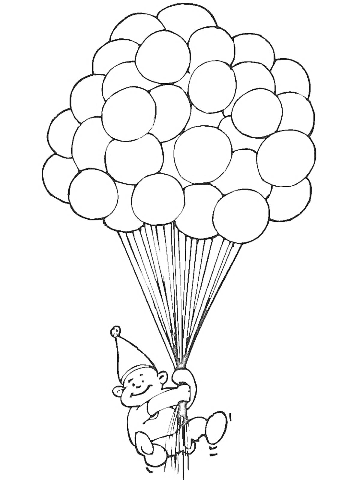 На раскраске изображено: Гном, Полет, Ребёнок, Веселье, Воздушные шары, Шары