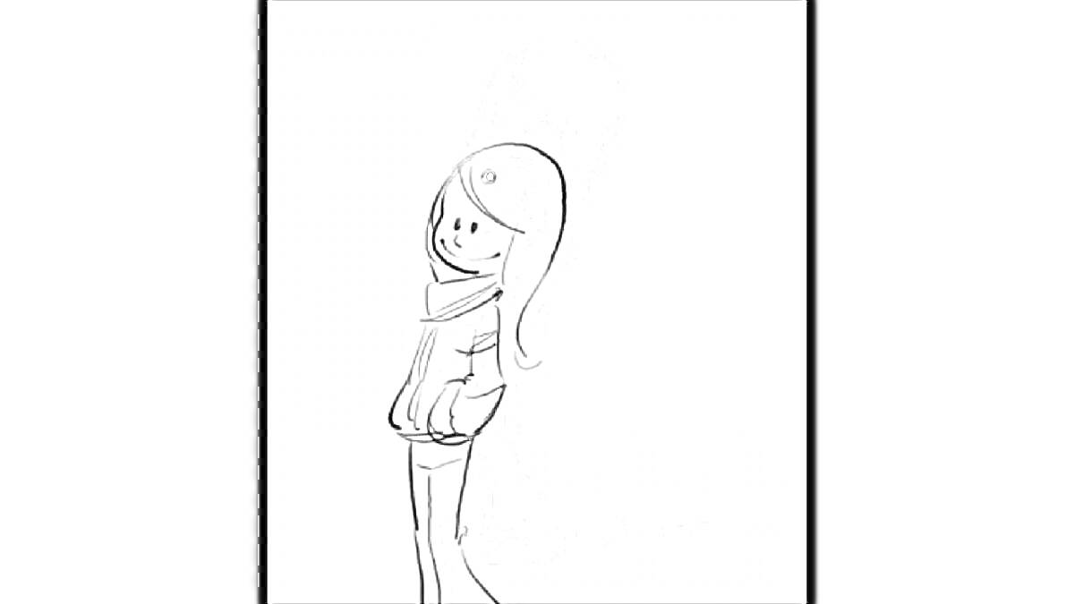 Раскраска Девочка с длинными волосами в куртке и шортах, стоящая лицом к зрителю