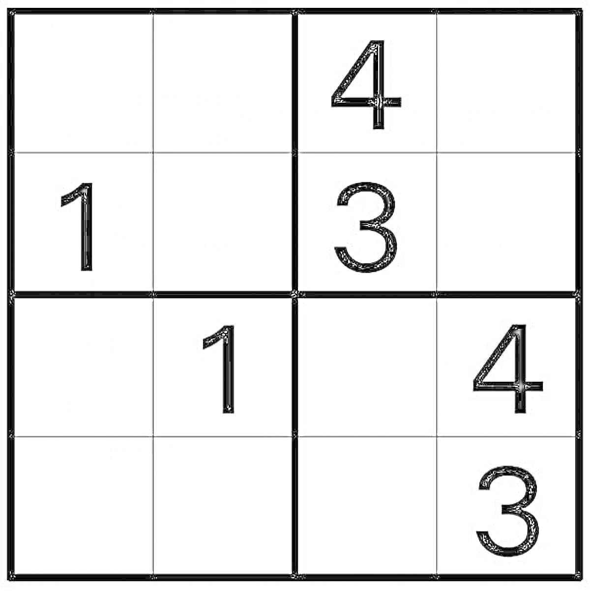 Раскраска Судоку 4x4, цифры 1, 3, и 4