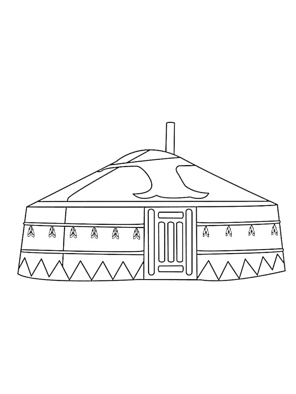 Раскраска Юрта с декоративным узором, дверью и трубой