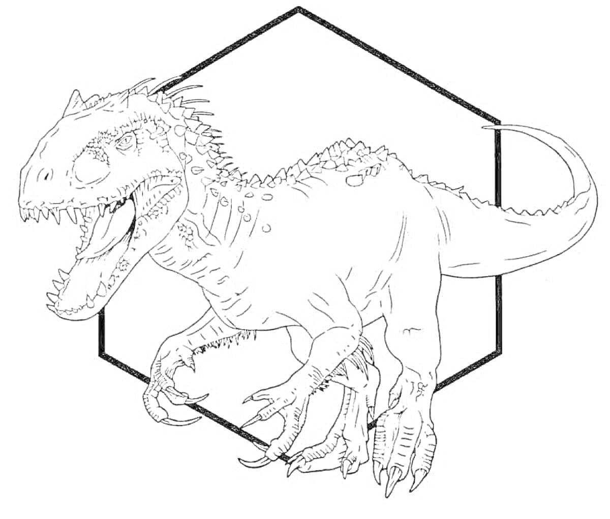 Раскраска динозавр рекс на фоне шестиугольника