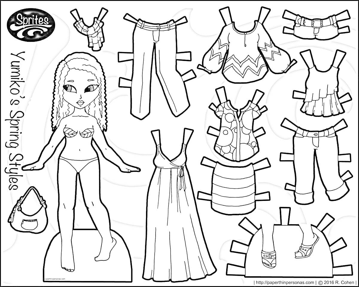 Раскраска Девочка с одеждой для вырезания. Набор включает платье, штаны, короткие шорты, несколько верхов с короткими и длинными рукавами, обувь и сумочку.