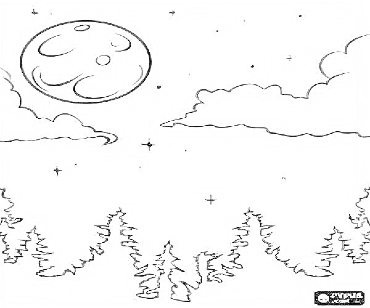 Раскраска Ночное небо с луной, облаками, звездами и еловыми деревьями