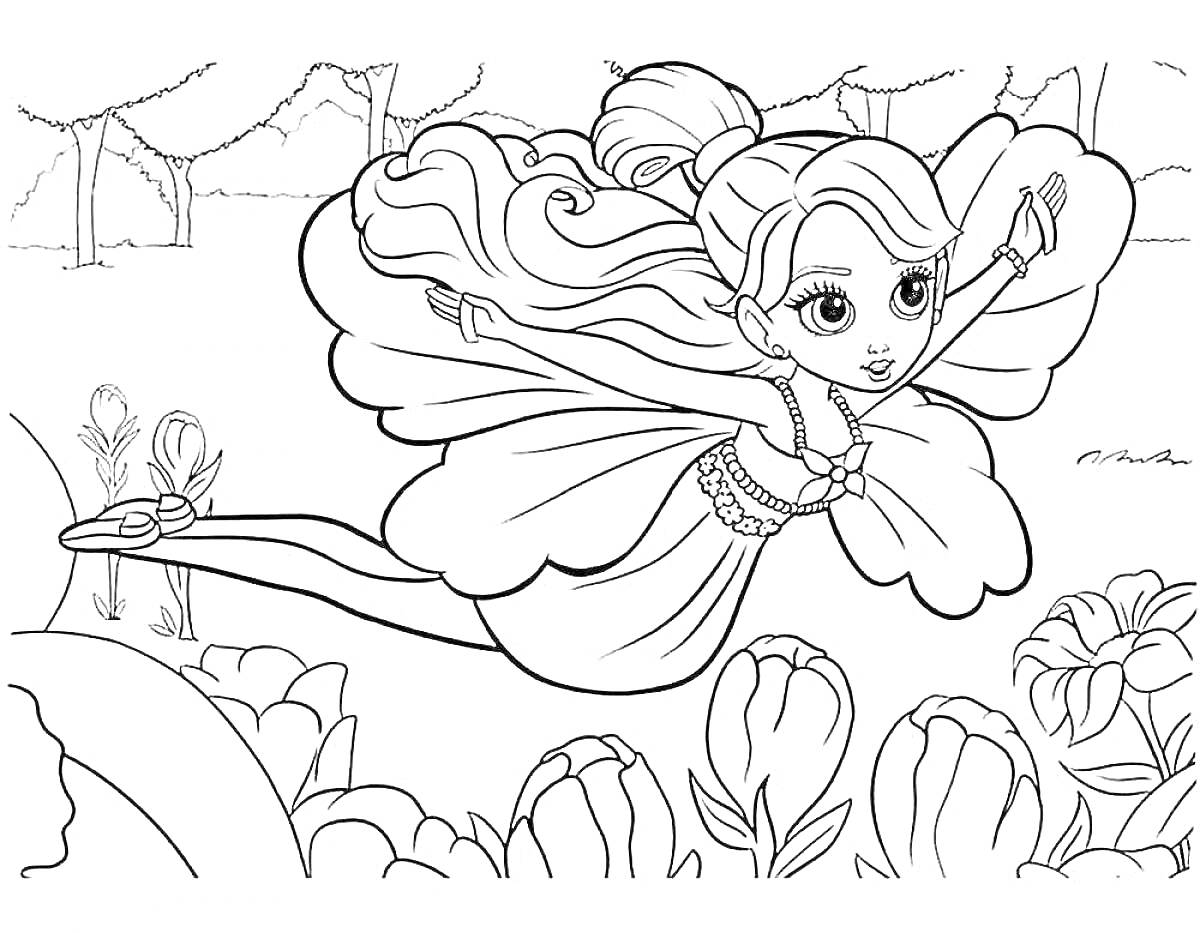 Раскраска Летающая фея среди цветов на фоне леса