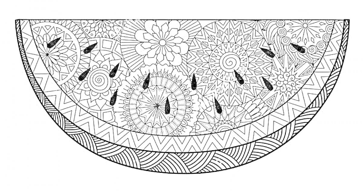 Раскраска Половина арбуза с узорами, семенами, цветками и спиралями