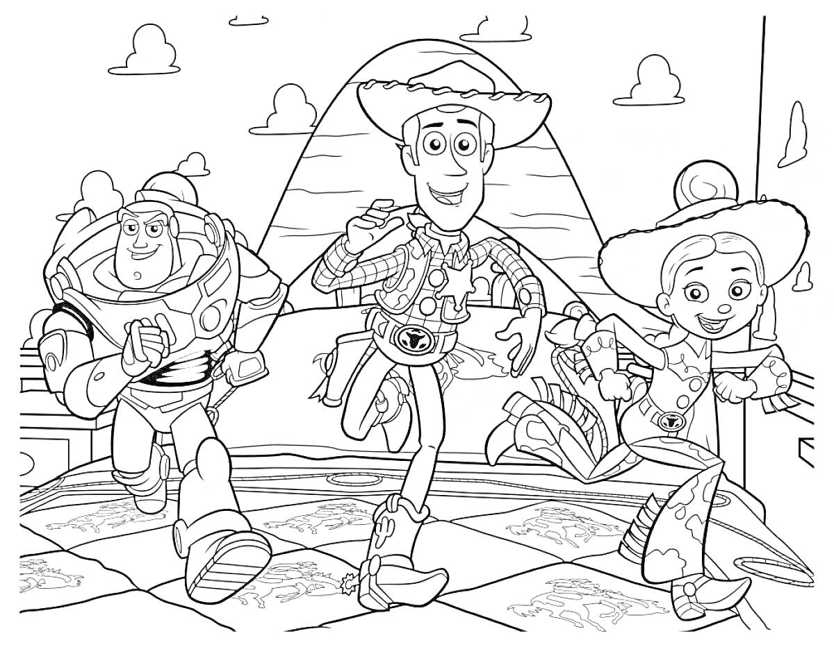 Раскраска Три персонажа, спасающиеся бегством (космический рейнджер, ковбой и ковбойка) на фоне пирамиды и облаков